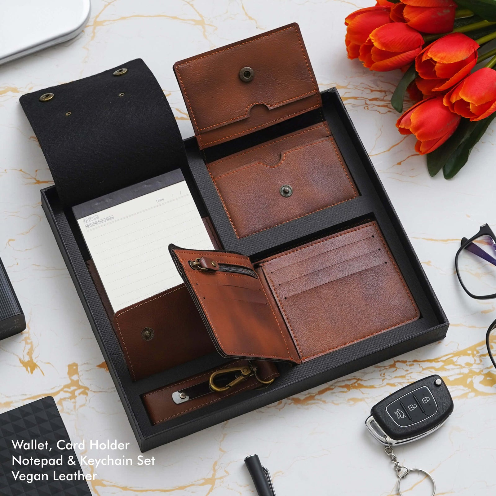 Tan Vegan Leather Office Gift Set - Notepad, Wallet, Card Holder & Key Chain - corporate gift by YuBingo