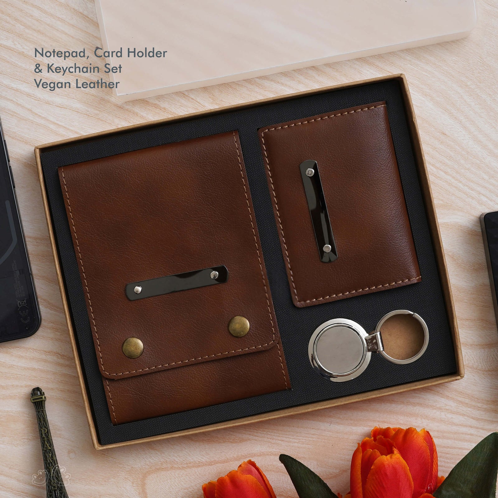 Tan Vegan Leather Passport Holder, Luggage Tag & Keychain Set - corporate gift by YuBingo