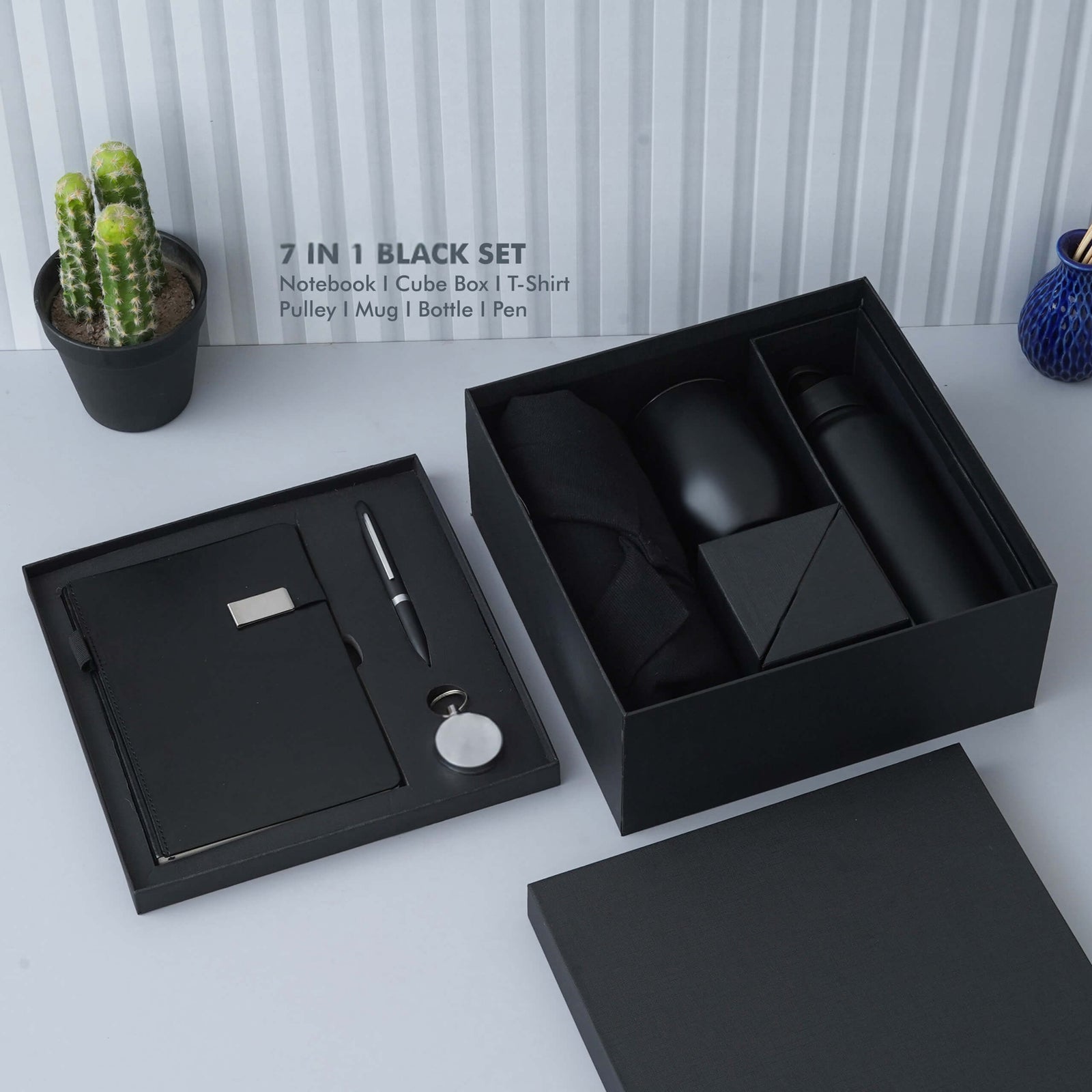 Deluxe Black Gift Set - Notebook, Cube Box, T-Shirt, Mug, Bottle, Pen - corporate gift by YuBingo