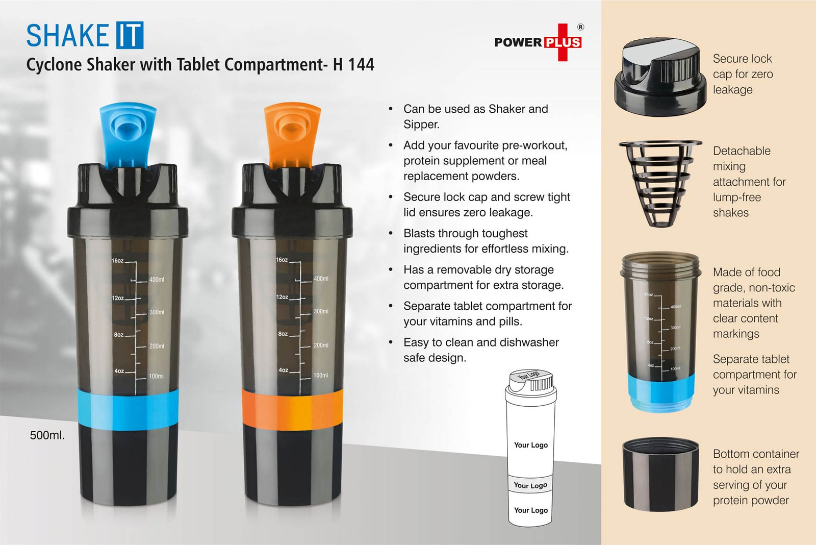 Shake it Cyclone Shaker with Tablet Compartment - Blue/Orange - corporate gift by YuBingo