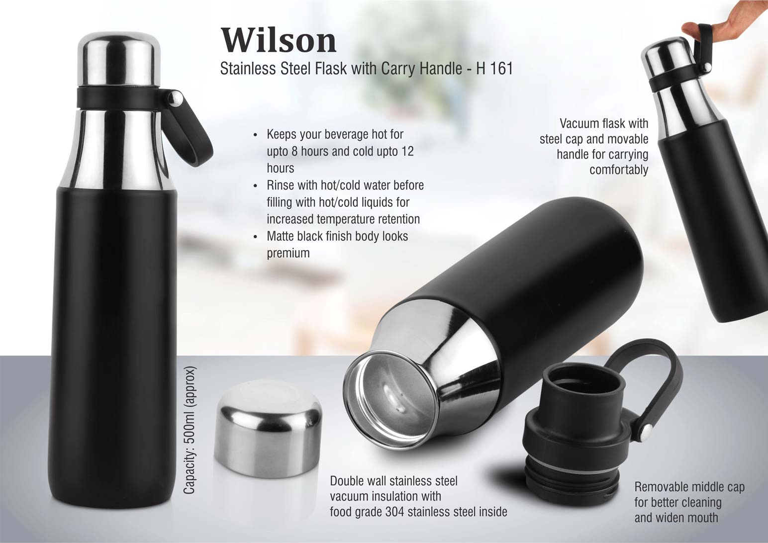 Wilson Stainless Steel Flask with Carry Handle - 500ml, Black Color - corporate gift by YuBingo