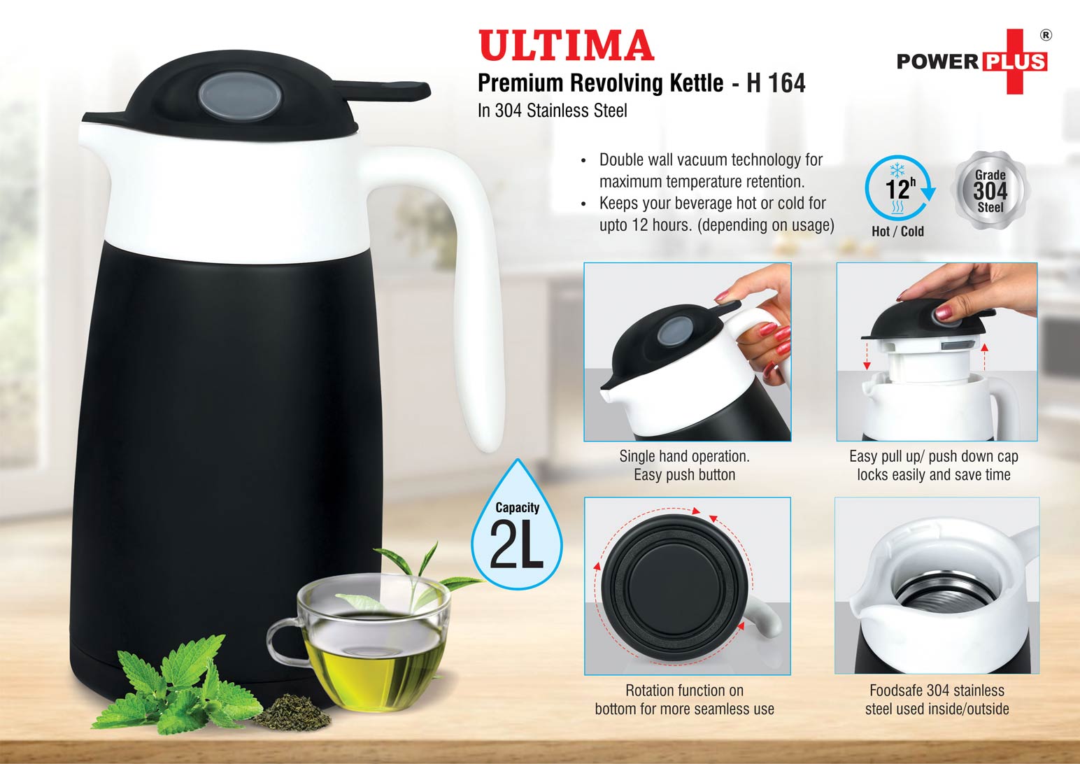 Ultima Premium Revolving Kettle in Stainless Steel 2L with Vacuum Insulation - corporate gift by YuBingo