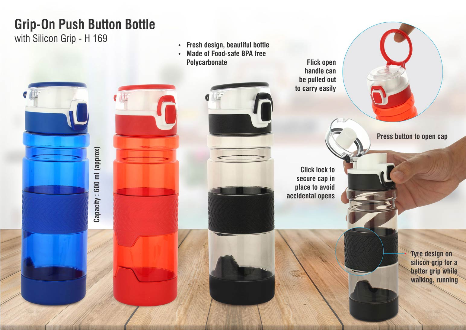 Grip-On Push Button Bottle with Silicon Grip 600ml - corporate gift by YuBingo