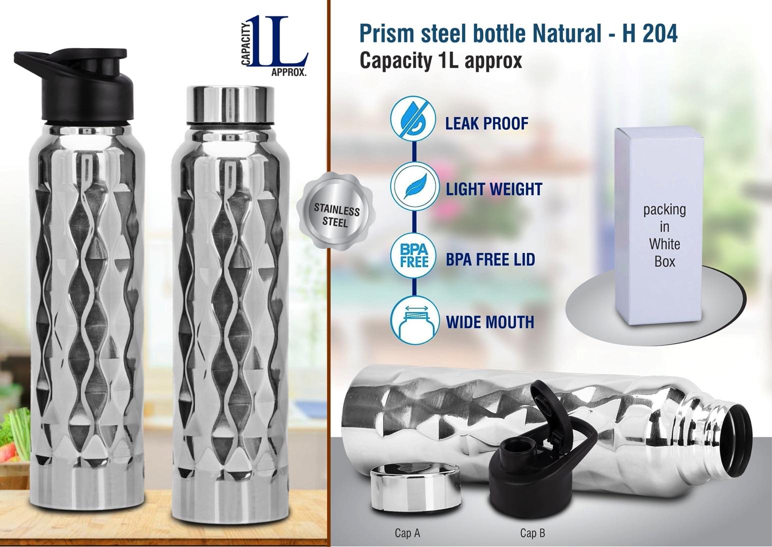 Add Some Sparkle to Your Hydration Routine with Our Prism Steel Bottle - Natural Silver, 1L Capacity - corporate gift by YuBingo
