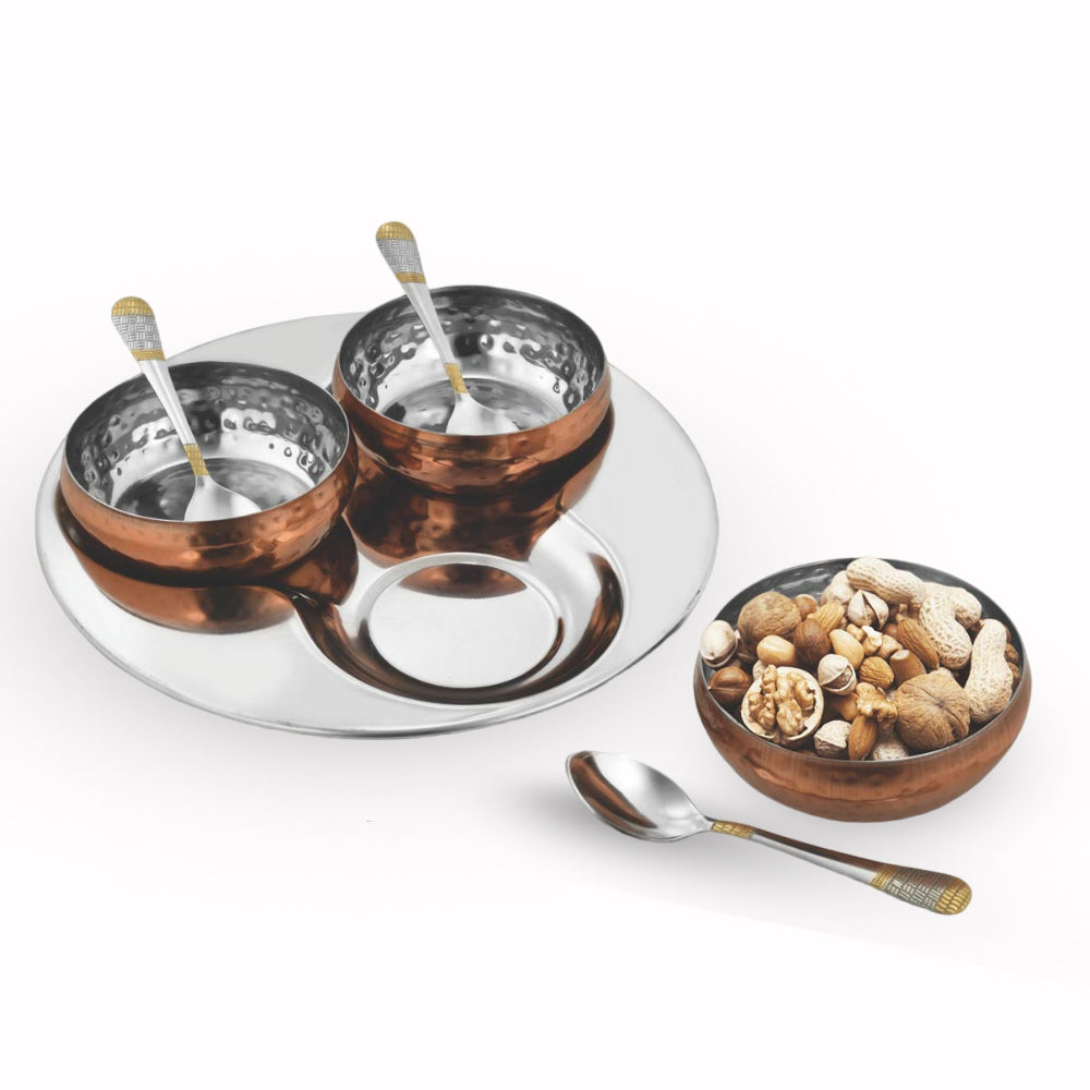 7 pc Copper Finish Snack Set with Bowls, Spoons, and Serving Tray - product image 2