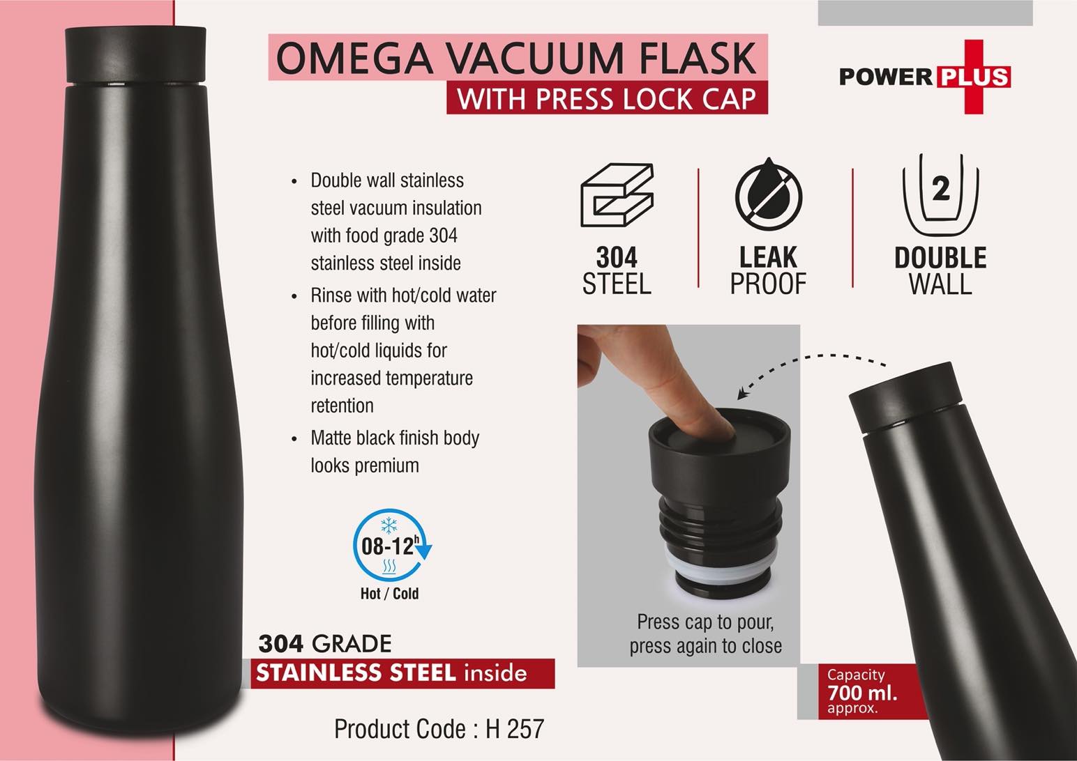 Omega Vacuum Flask with Press Lock Cap - 700ml Capacity in Black - corporate gift by YuBingo