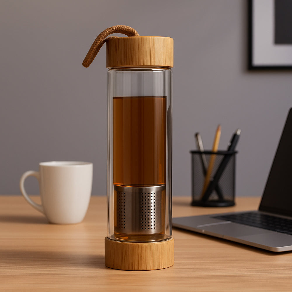 ClearSip EcoFuse - Double Wall Infuser Bottle with Bamboo Lids and SS Infuser - corporate gift by YuBingo