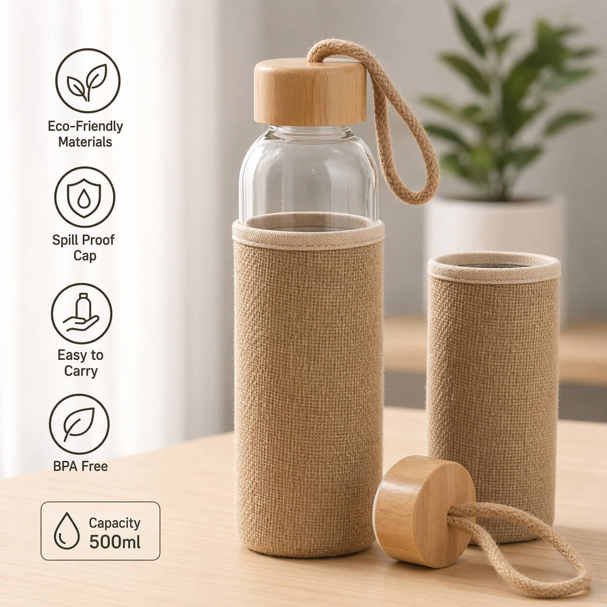EarthWeave: Glass Bottle with Bamboo Cap & Jute Sleeve - Premium Corporate Gift | H383 - corporate gift by YuBingo