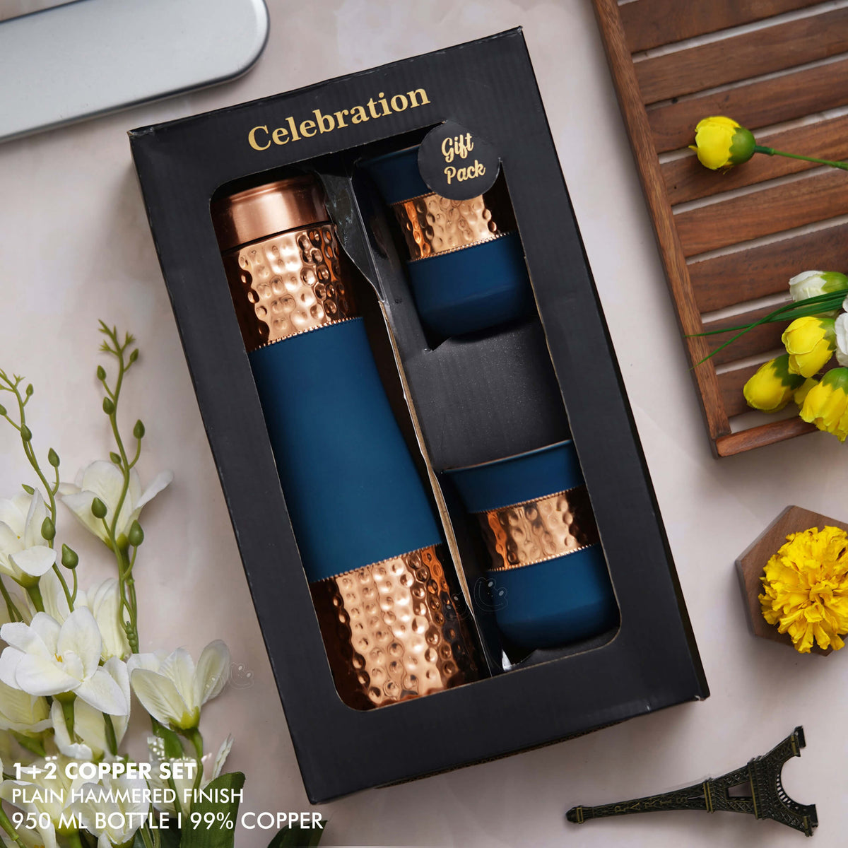 Blue Plain Hammered Rubberized Finish Copper Bottle with 2 Glasses - Perfect Gift Set - corporate gift by YuBingo