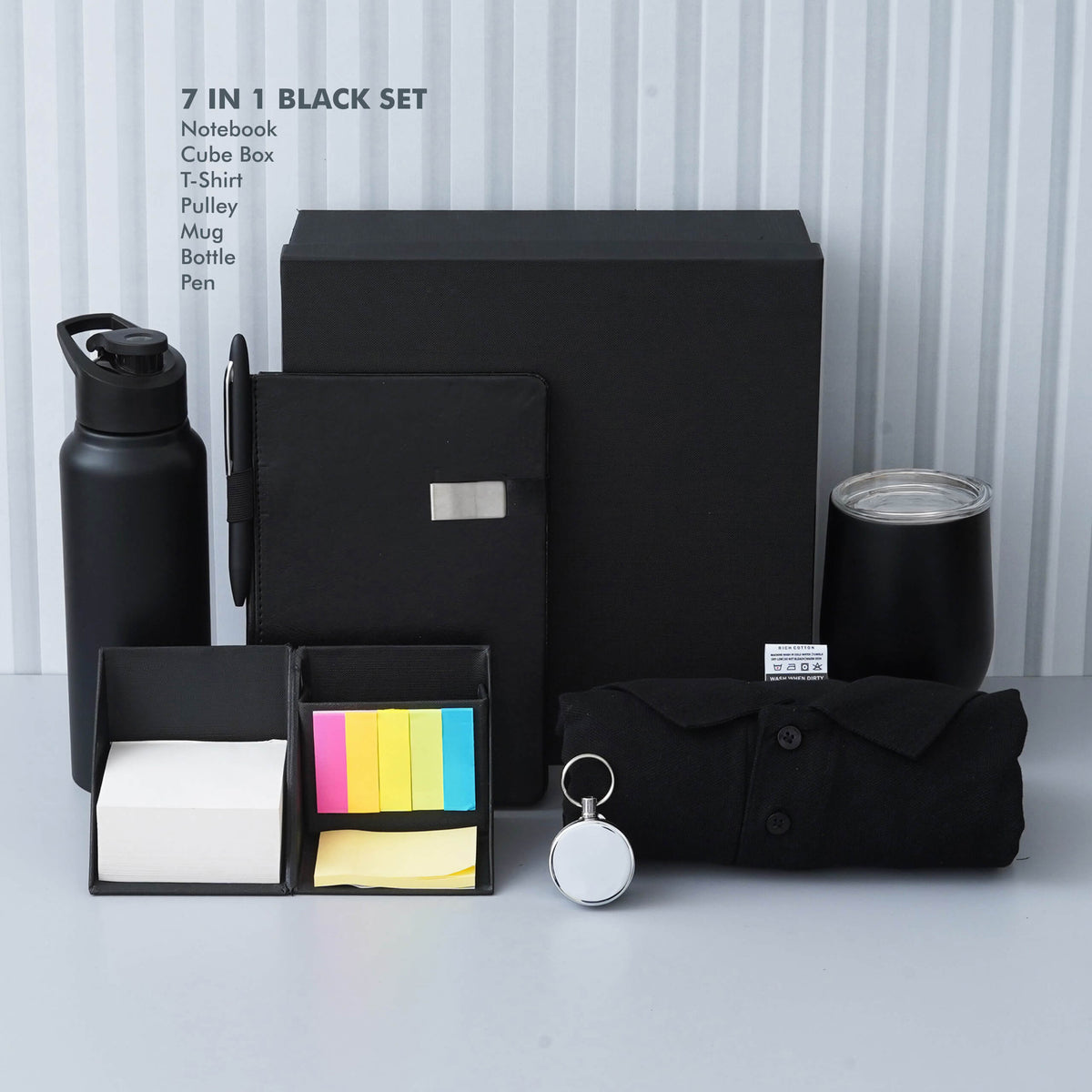 Deluxe Black Gift Set - Notebook, Cube Box, T-Shirt, Mug, Bottle, Pen - corporate gift by YuBingo