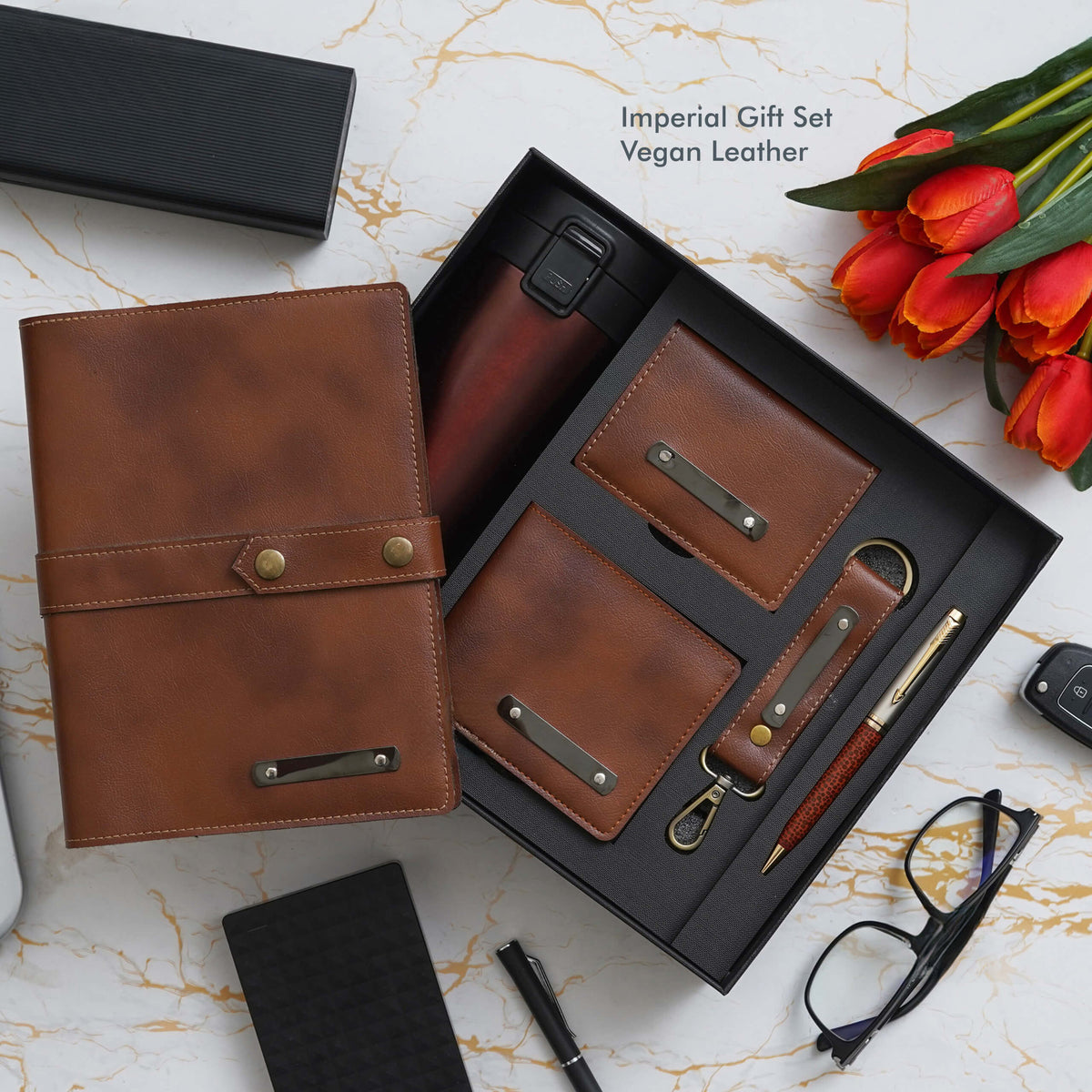 Deluxe Tan Vegan Leather Office Gift Set - Travel Mug, Notebook, Wallet & More - corporate gift by YuBingo