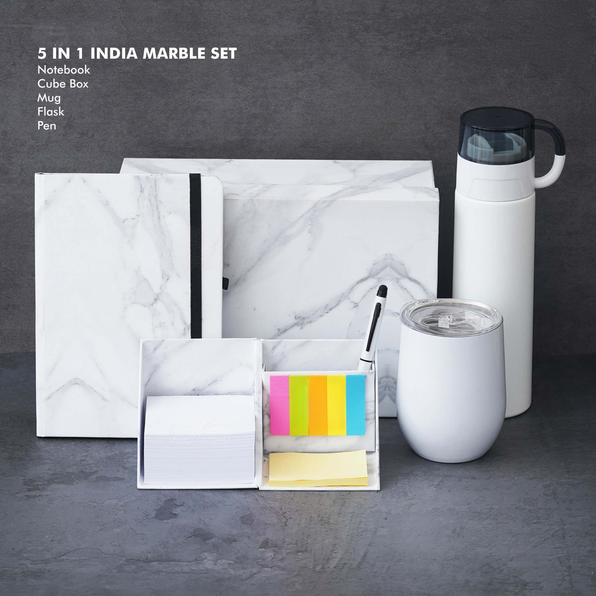 Marble Finish Gift Set - Notebook, Cube Box, Mug, Flask, Pen - corporate gift by YuBingo