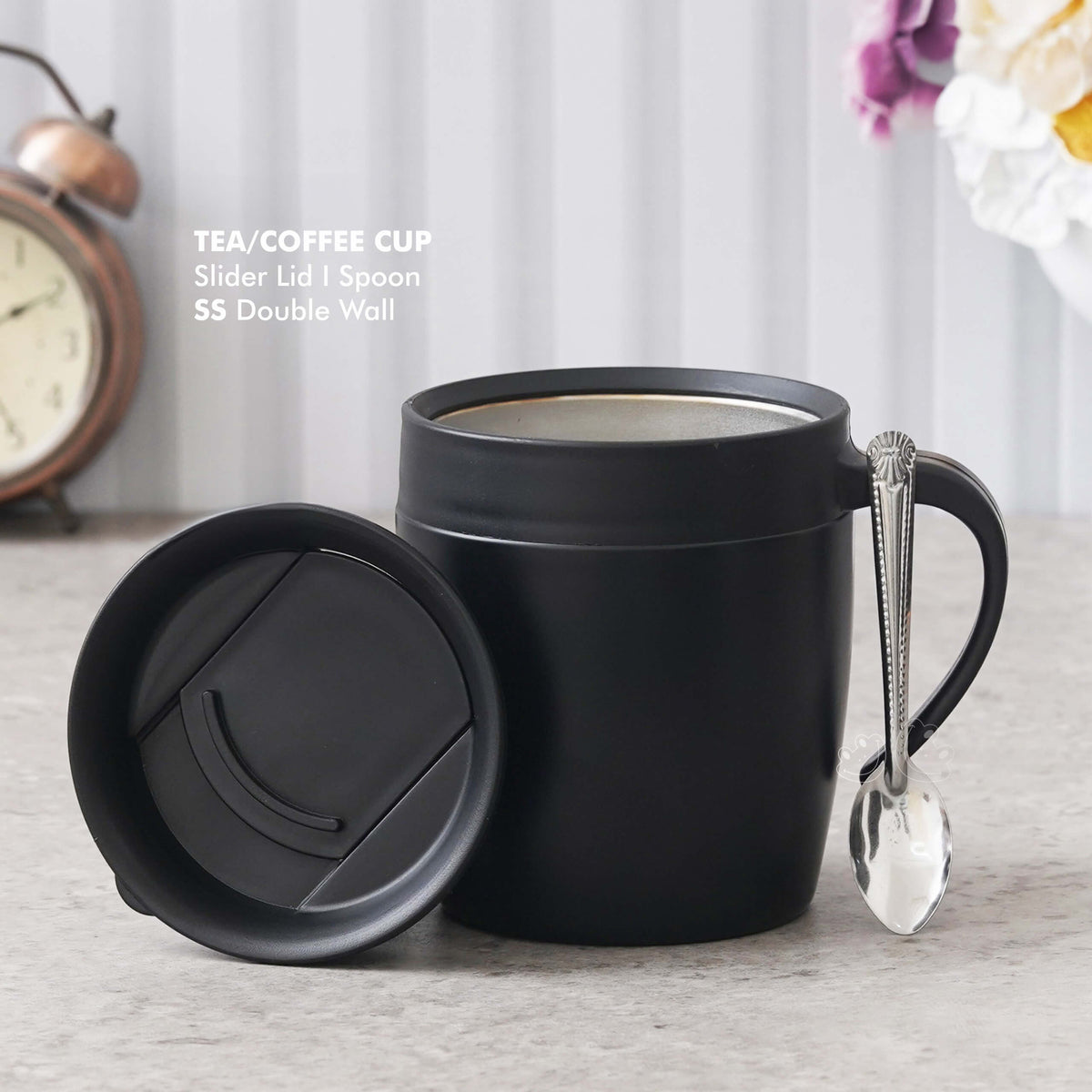 Personalized Black Stainless Steel Mug with Slider Lid - corporate gift by YuBingo