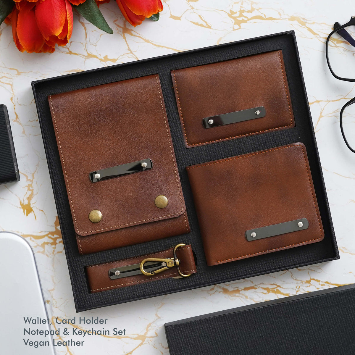 Tan Vegan Leather Office Gift Set - Notepad, Wallet, Card Holder & Key Chain - corporate gift by YuBingo