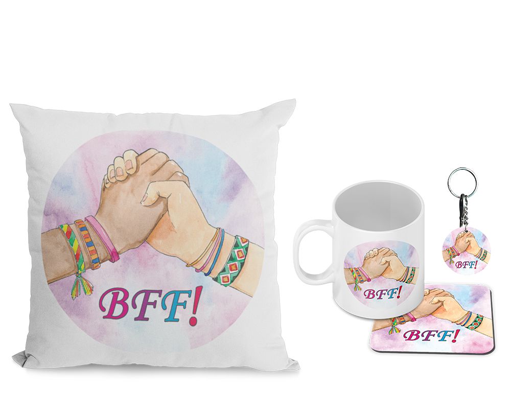 BFF Cushion, Coffee Mug with Coaster and Keychain - corporate gift by YuBingo