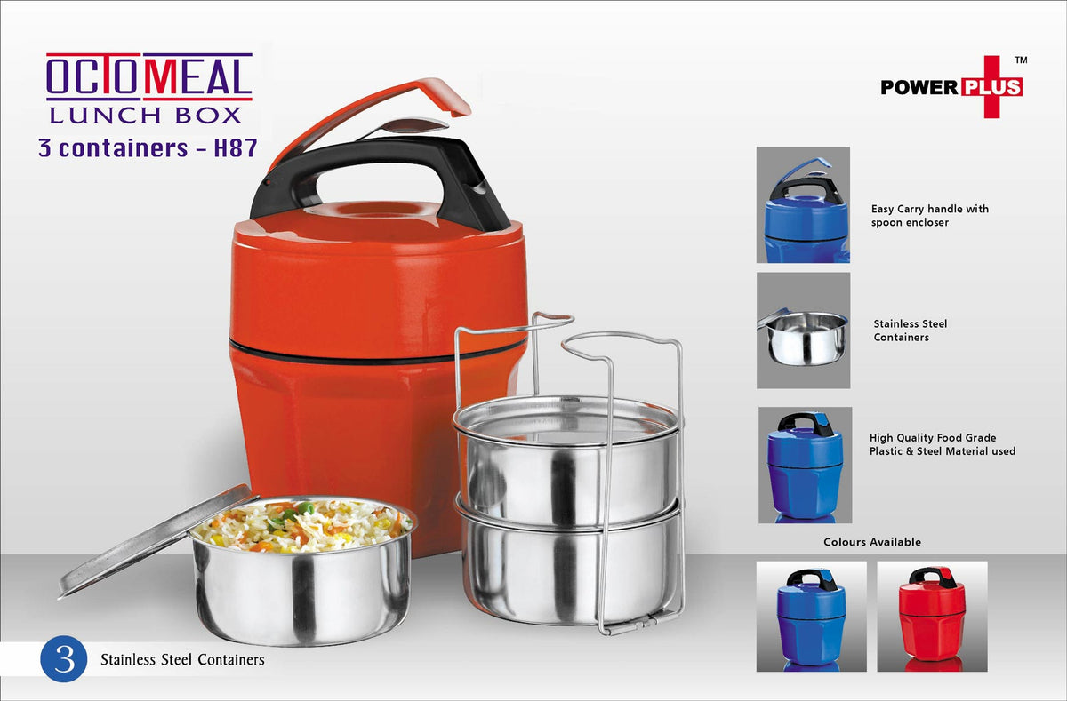 Octomeal Lunch Box - 3 Containers Steel, Available in Red and Blue - corporate gift by YuBingo
