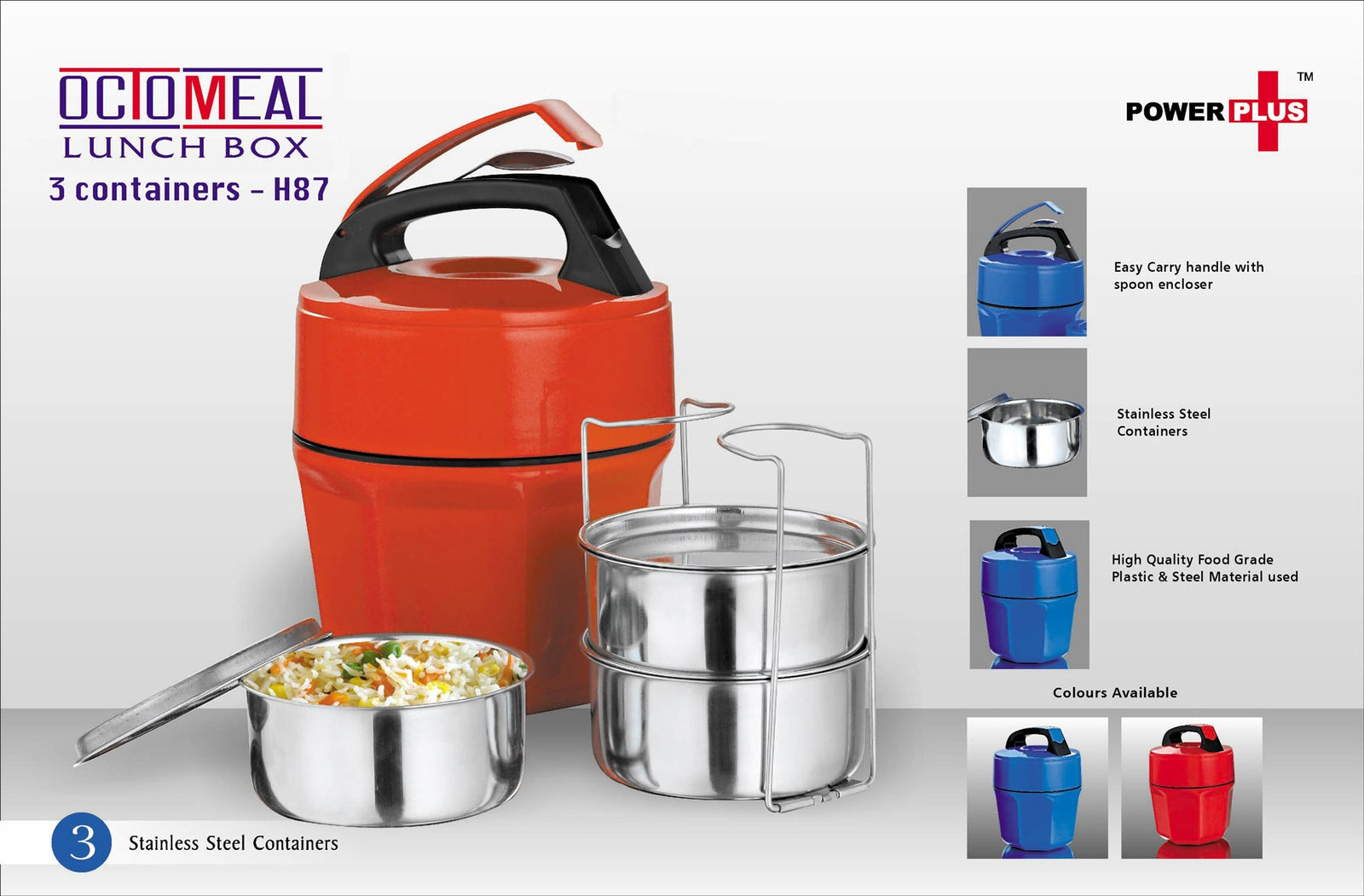 Octomeal Lunch Box - 3 Containers Steel, Available in Red and Blue - corporate gift by YuBingo