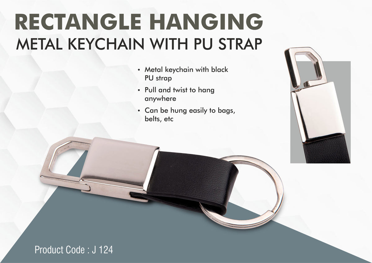 Rectangle Hanging Metal Keychain with PU Strap - product image 2