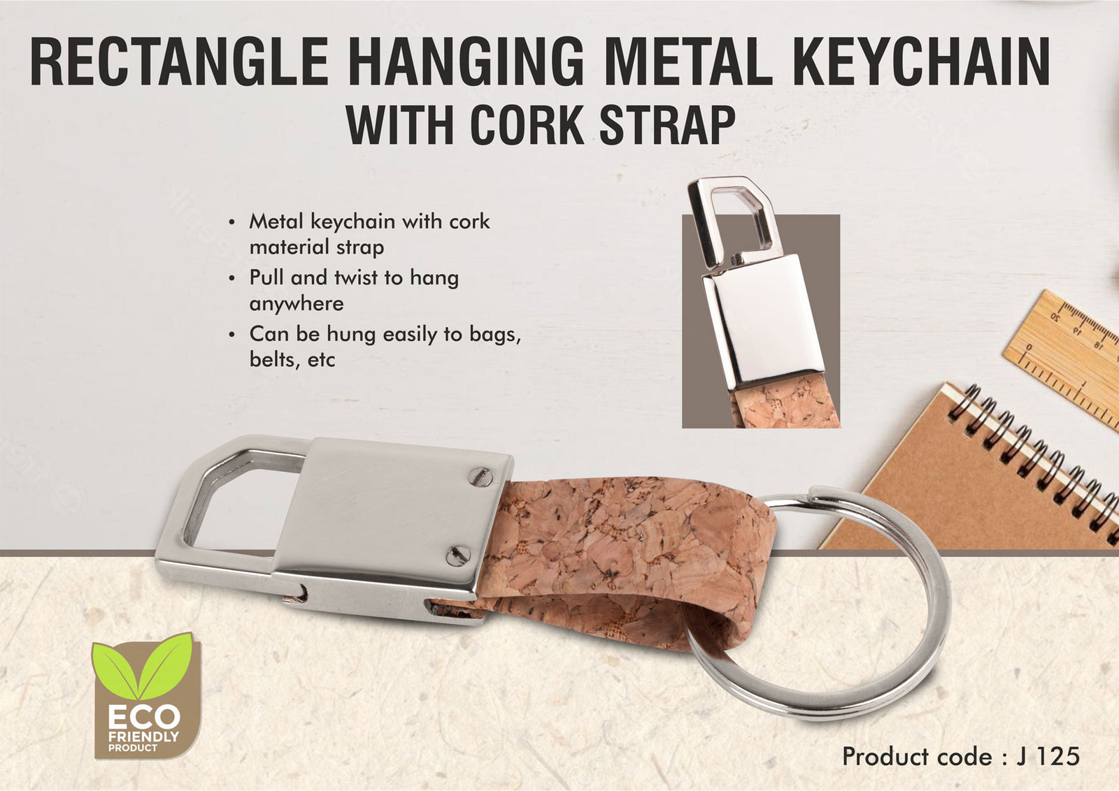 Rectangle Hanging Metal Keychain with Cork Strap - corporate gift by YuBingo