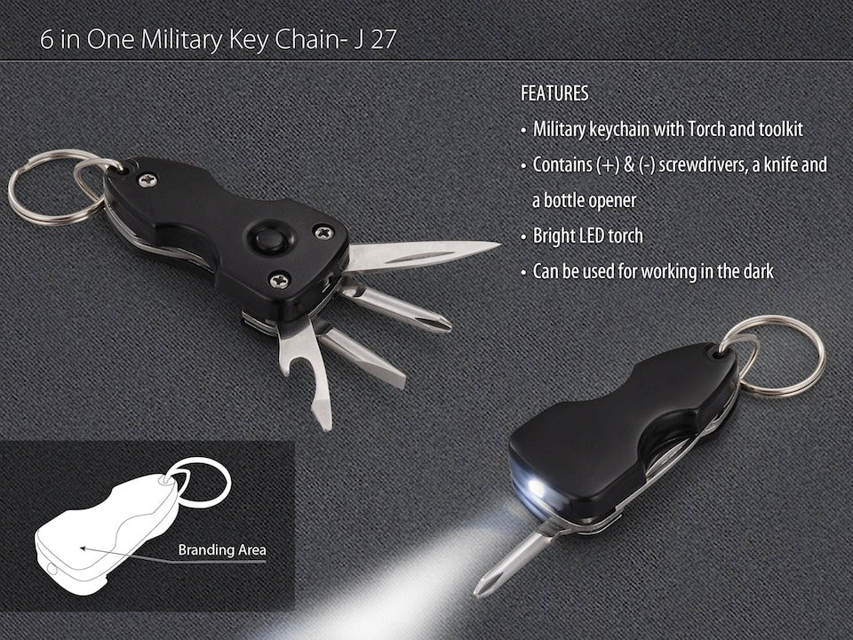 6 in 1 Military Keychain with Toolkit and Torch - corporate gift by YuBingo