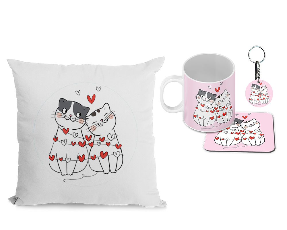Catty Love Cushion, Coffee Mug with Coaster and Keychain - corporate gift by YuBingo